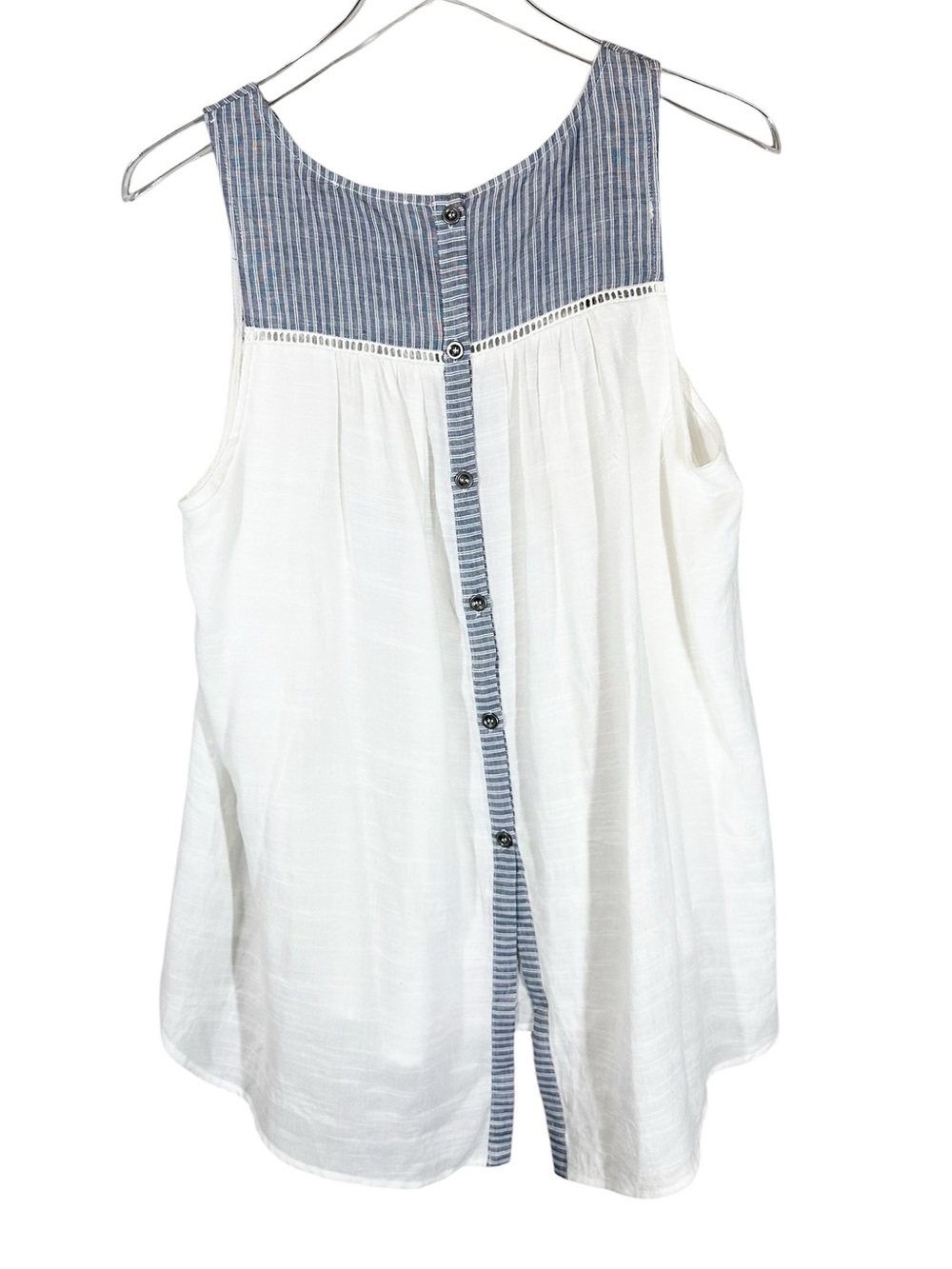 DOE & RAE Women's Medium Sleeveless White Gauze Tunic with Blue Stripe Yoke - Picture 5 of 10